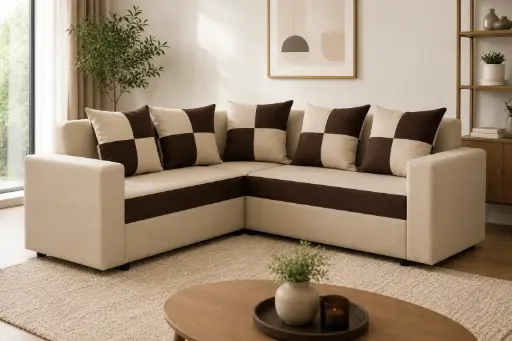 [32056] SOFA CHESS L SHAPE +5 CUSHIONS REF BEIGE/BROWN