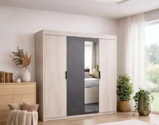 [32058] ARMOIRE MANHATTAN 100% PLYWOOD 4 DOORS DARK GREY/BEIGE