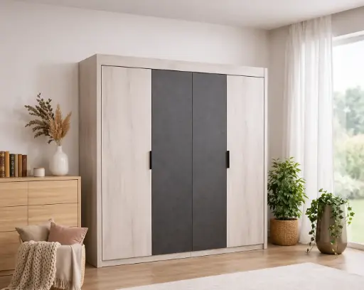 [32058] ARMOIRE MANHATTAN 100% PLYWOOD 4 DOORS DARK GREY/BEIGE