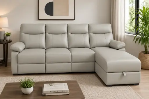 [32328] SOFA HEIDEN REF 8566# LEFT WITH 3 RECLINERS + CHAISE WITH STORAGE CREAM BEIGE