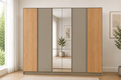 [32324] ARMOIRE BELLANO REF BEL15-15E 5 PTS (4PCS) WITH MIRROR TAUPE HIGH GLOSS / OAK