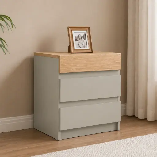[32327] TABLE DE NUIT BELLANO REF BEL15-33 2 DRWS WITH HIDDEN STORAGE, USB + TYPE C PORTS TAUPE HIGH GLOSS / OAK