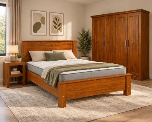 BEDROOM SET : BED LINDT 5'0 + ARMOIRE LINDT 4PTS + BEDSIDE LINDT