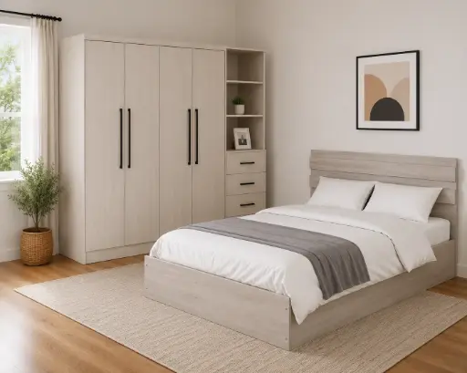 BEDROOM SET: BED NARDO 5'0 + ARMOIRE NARDO  4PTS + ETAGERE NARDO 3 SHELF (OAK)