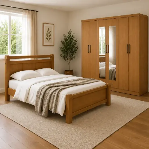BEDROOM SET : ARMOIRE JAZZ 6 PTS + MIRROR ALMOND CLEAN + BED ZARA 5'0 NATURE + MATELAS POCKET SPRING 5'0 ORTHOPEDIC