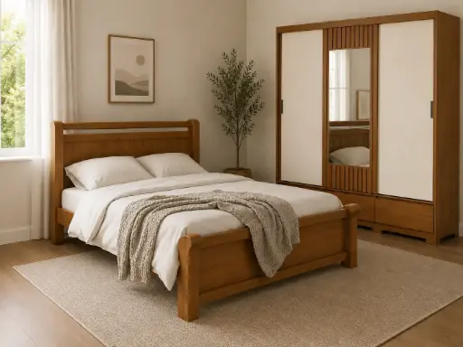 BEDROOM SET: BED ZARA  5'0  NATURE + ARMOIRE DELVIN 3 PTS SLIDING  CINNAMON / OFF WHITE / HAZELNUT + MATELAS POCKET SPRING 5'0 ORTHOPEDIC