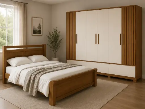 BEDROOM SET : BED ZARA  5'0 NATURE + ARMOIRE KAIAN 6PTS CINNAMON / OFF WHITE + MATELAS POCKET SPRING 5'0 ORTHOPEDIC