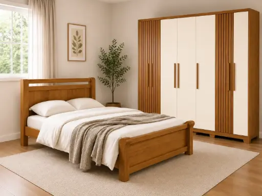 BEDROOM SET: BED ZARA  5'0 NATURE + ARMOIRE NORTON 6 PTS + 4 TIRS NATURE / OFF WHITE + MATELAS POCKET SPRING 5'0 ORTHOPEDIC