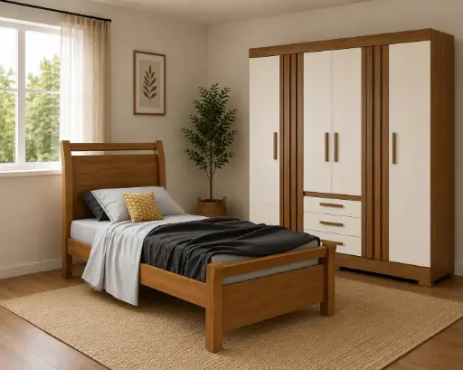 BEDROOM SET: BED REALI  3'0 ALMOND CLEAN + ARMOIRE CAMPINA 6PTS 3TIRS NATURE / OFF WHITE + MATELAS 3'0 SEMI ORTHO