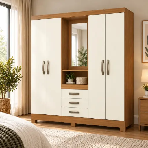 [32341] ARMOIRE CAMPBELL REF B24-127 (2PC) 4 PTS 3TIRS + MIRROR NATURE / OFF WHITE