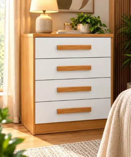 [32437] COMMODE BAIAO 4 TIRS ALMOND CLEAN / OFF WHITE